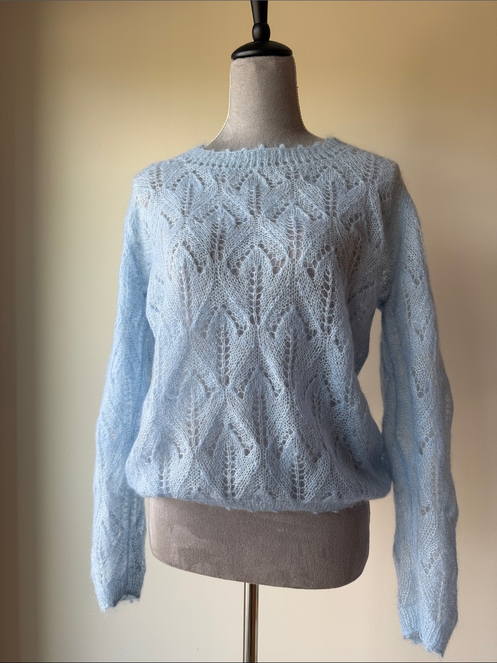 Light Blue Openwork Crewneck Sweater